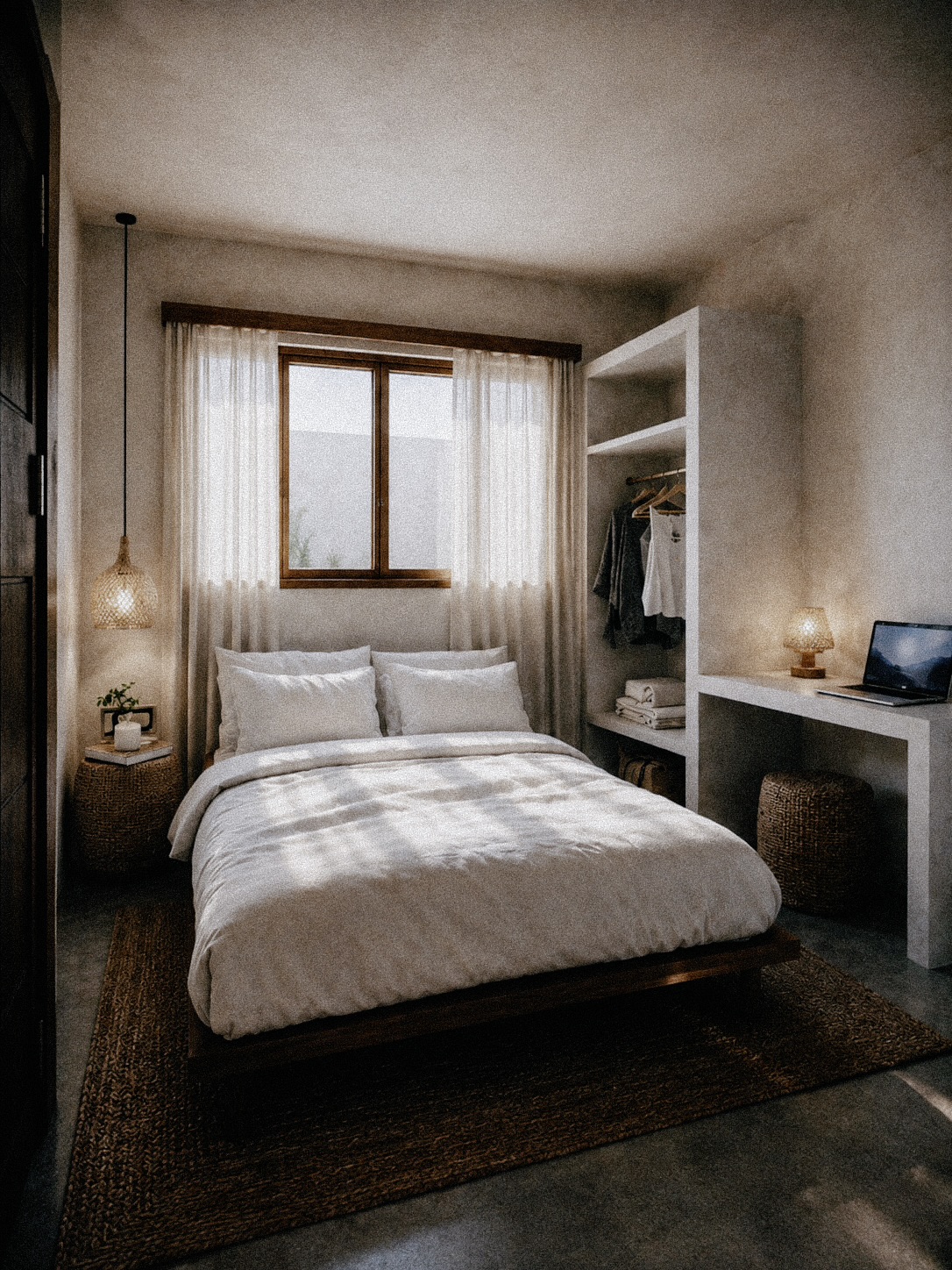Bedroom with linen bedding, pendant lamp and open wardrobe